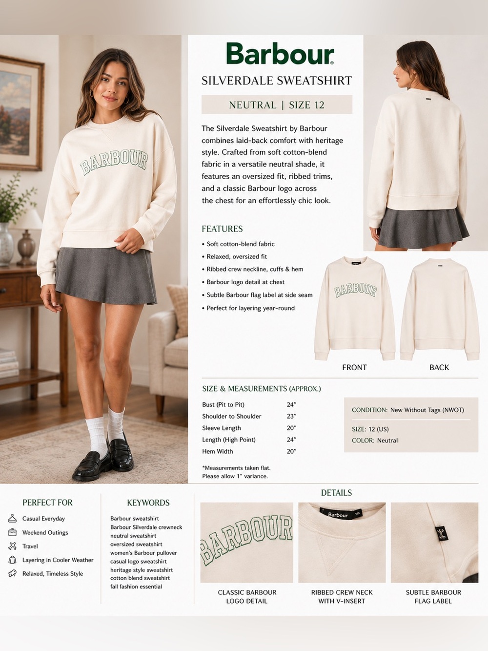 Barbour Silverdale Logo Sweatshirt Neutral Cream Oversized Pullover Size 12 NWOT